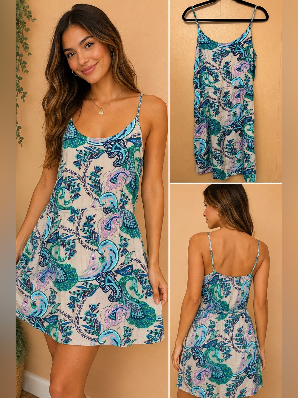 Old Navy Womens Paisley Sundress Large Blue Boho Spaghetti Strap Vacation Dress